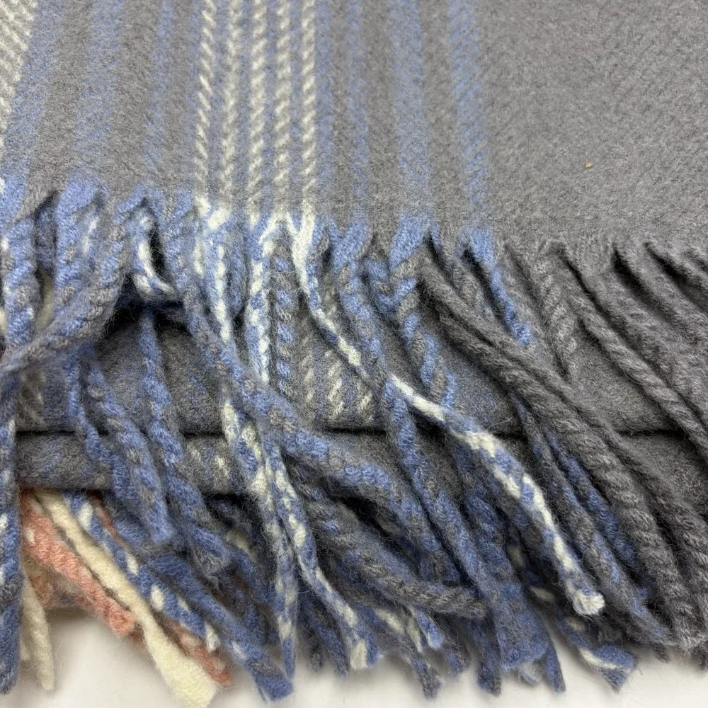 100% Cashmere Large Scarf Womens Blue Plaid Fringe Travel Luxury Soft Wrap Money